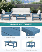 SERWALL HDPE Patio Furniture Set, 7-Piece Outdoor Sectional Sofa Set, All Weather Outdoor Couch Set for Deck, Lawn, Blue Frame with Khaki Cushion