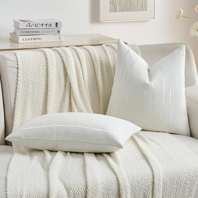 FUTEI White Chenille Decorative Throw Pillow Covers 22x22 Inch Set of 2,Soft Embossed Striped Textured Cushion Case,Modern Home Decor for Couch Bed Living Room