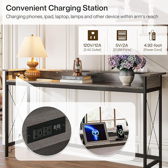 Tribesigns Sofa Table with Outlets and USB Ports, 70.9 inch Extra Long Console Table Behind Couch with Charging Station, Industrial Narrow Entryway Hallway Accent Table for Living Room