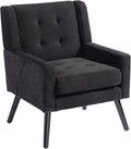 Mid-Century Modern Accent Chair, Plush Linen Fabric with Button Tufted High Back & 5" Thick Cushion, High Comfort Reading Chair for Living Room, Bedroom, Office (Black)