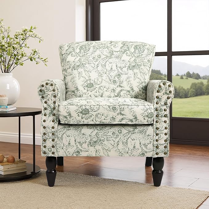 Accent Chair, Upholstered High Back Floral Armchair with Nailhead Trim & Wood Legs, Comfy Wingback Reading Single Sofa Chair for Small Spaces, Living Room, Bedroom (Rococo Green, Set of 2)