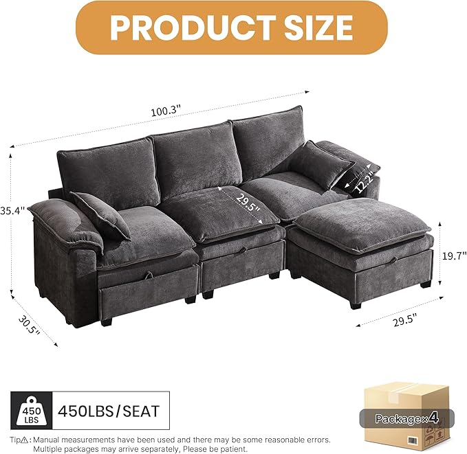 100" L Shaped Modular Sectional Sofa, Couch with Ottoman Storage, Chenille Cloud Couch with Plush Deep Seating for Living Room, Bedroom (Grey, 4 Seat)