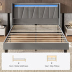SHA CERLIN Full Size Bed Frame with Charging Station and LED Lights, Modern Velvet Platform Bed with Upholstered Geometric Wingback Headboard, No Box Spring Needed, Easy Assembly, Grey