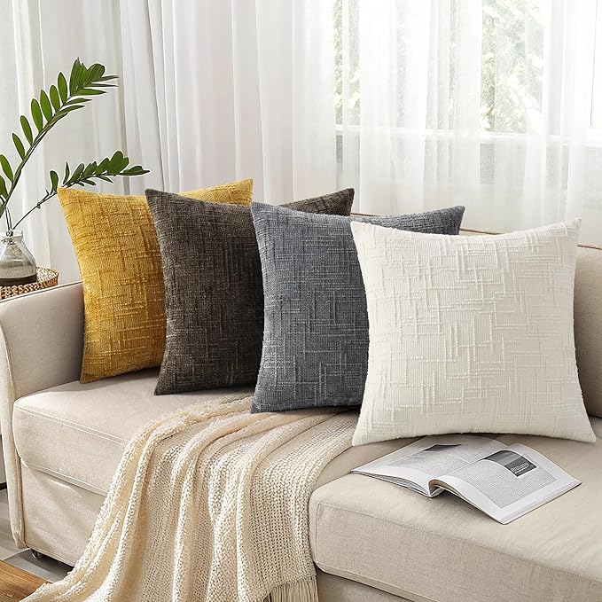 decorUhome Mustard Yellow Chenille Throw Pillow Covers 26x26 Set of 2 Thick Textured Slubby Couch Pillow Covers Farmhouse Accent Modern Neutral Decorative Pillow Cases for Bed Sofa Living Room
