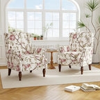 Accent Chair, Upholstered High Back Floral Armchair with Nailhead Trim & Wood Legs, Comfy Wingback Reading Single Sofa Chair for Small Spaces, Living Room, Bedroom-Pink Floral, Set of 1