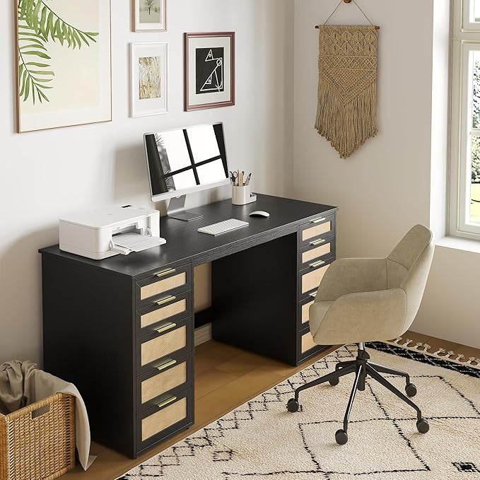 WOPITUES 60" Boho Home Office Desk with 10 Wooden Drawers, Rattan Computer Writing Desk with Power Outlets, Large Executive Desk with Storage Cabinet for Work Study Writing Craft, Black