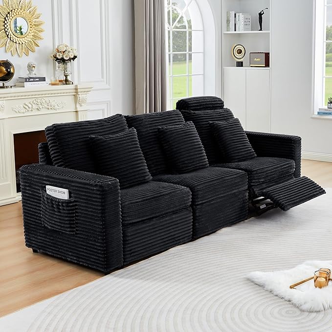 ORRD Power Reclining Sectional Sofa, Electric 3 Seat Recliner with 1 Electric Footrest and Adjustable Headrest, Modern Plush Corduroy Fluffy Reclining Sectional with Deep Seat for Living Room-Black