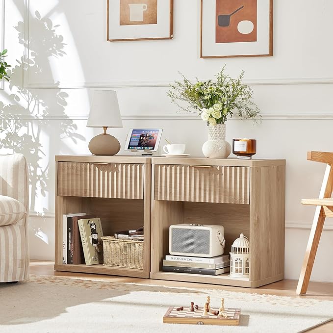 LEYAOYAO Fluted Nightstand with Charging Station, 23" Wide 1 Drawers Night Stand,Natural End Table with Open Storage,Farmhouse Bed Side Tables, Wood Dresser for Bedroom, Living Room, Closet