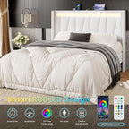 SHA CERLIN Queen Bed Frame with Charging Station and LED Lights, Modern Velvet Platform Bed with Upholstered Geometric Wingback Headboard, No Box Spring Needed, Easy Assembly, White
