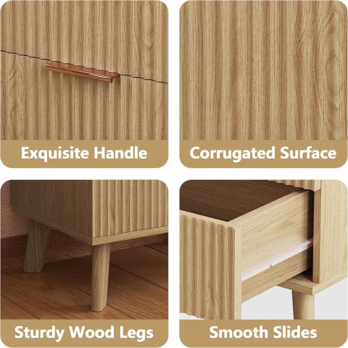 Fluted 3 Drawer Dressers, Modern Closet Dressers Chest of Drawers, Wood Storage Dresser Chest of Drawers Organizer for Bedroom Living Room Hallway Closet(Natural)