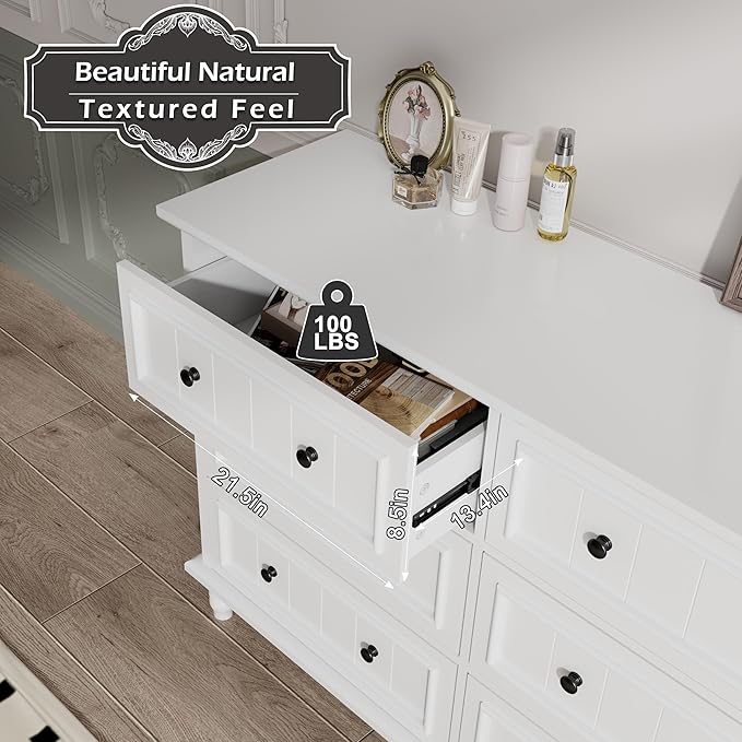 Scurrty Antique 6 Drawer Dresser, Modern Chest of Drawers, Large Cabinet with Storage, Big Dresser for Clothes in Living Room, Bedroom (White)