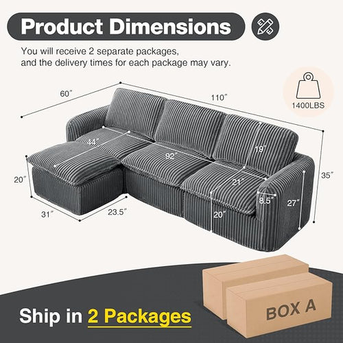 110'' Boneless Modular Cloud Couch for Living Room, Comfy Cloud Modular Sectional Couch with Ottoman, Convertible L Shaped Couches for Apartment, Dorm, No Assembly Required, Grey Corduroy