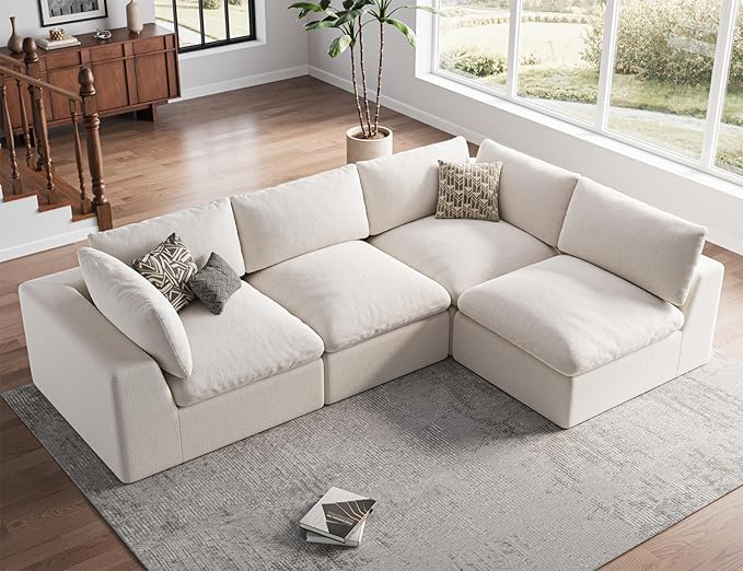 120" Cloud Sectional Couch | Oversize Boneless Couches for Living Room | 4 Seater L-Shape Sofa | Ivory White