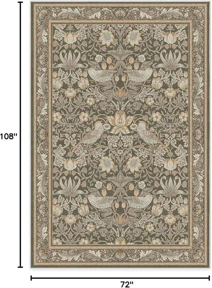 RUGGABLE x Morris & Co Machine Washable Area Rug – Strawberry Thief Stone Gold 6x9, Stain-Resistant, Non-Slip – Medium Rugs for Living Room, Bedroom, Hallway, Entryway & Office–with Cushioned Pad