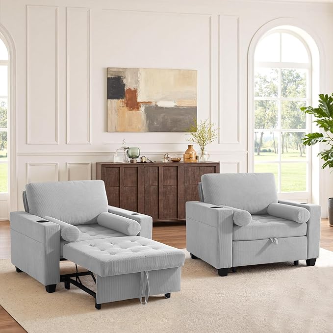 Convertible Sleeper Chair Bed, Comfy Corduroy Single Futon Sofa Chair with Pull Out Bed, 3-Levels Adjustable Backrest Accent Chair with Side Pockets, Cup Holder & USB Ports for Living Room, Bedroom