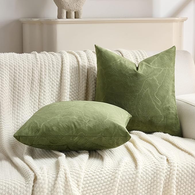 FUTEI Moss Green Velvet Throw Pillow Covers 26x26 Inch Set of 2,Soft Embossed Leaf-Relief Textured Euro Pillow Shams,Natural Home Decor for Couch Living Room