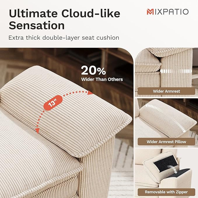 L-Shaped Cloud Modular Sofa Set with Chaise Lounge, 5-Piece Sectional & Deep Seat, Plush Corduroy w/Removable Arms for Living Room - Beige