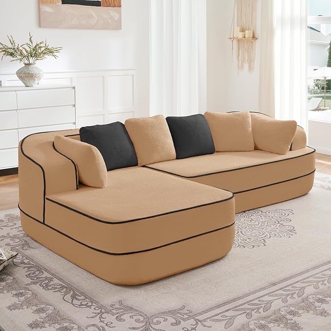 Cloud Sectional Sofa Modern Boneless Couch for Living Room, Comfy Deep Seat Comfy Teddy Fabric Double Sofa Chaise No Assembly Required (Camel, 106" L Shape with Left Facing)
