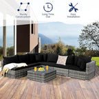 Tangkula 7 Pieces Patio Rattan Furniture Set, Patiojoy Outdoor Conversation Set with Cushions and Tempered Glass Coffee Table, All-Weather Sectional Sofa Set for Garden, Lawn, Backyard (Black)