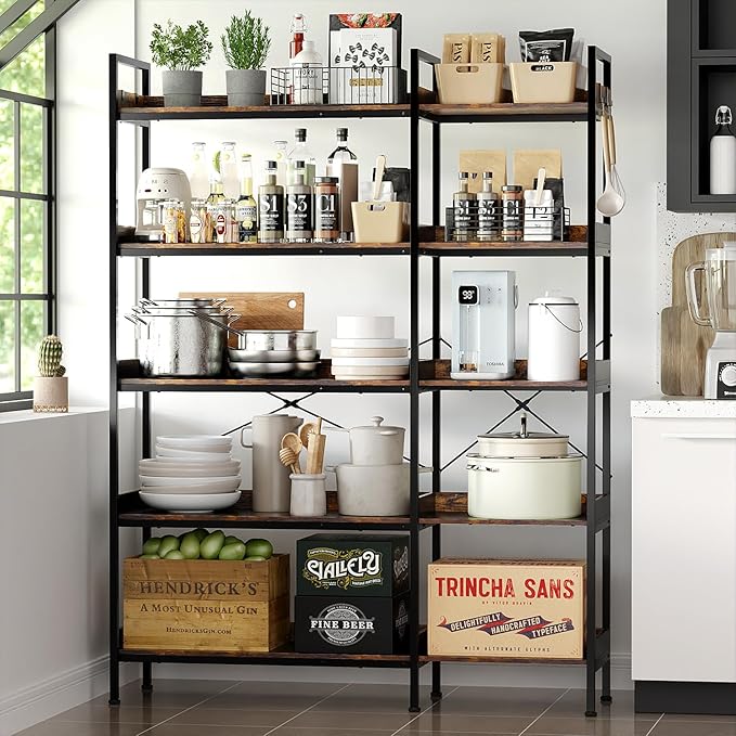 KOUSEI Bookshelf 5-Tier, L-Shaped Reversible Corner Bookshelf, 65" Industrial Wide Open Bookcase with Metal Frame and 4 Hooks for Living Room, Bedroom, Home Office, Rustic Brown