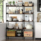 KOUSEI Bookshelf 5-Tier, L-Shaped Reversible Corner Bookshelf, 65" Industrial Wide Open Bookcase with Metal Frame and 4 Hooks for Living Room, Bedroom, Home Office, Rustic Brown