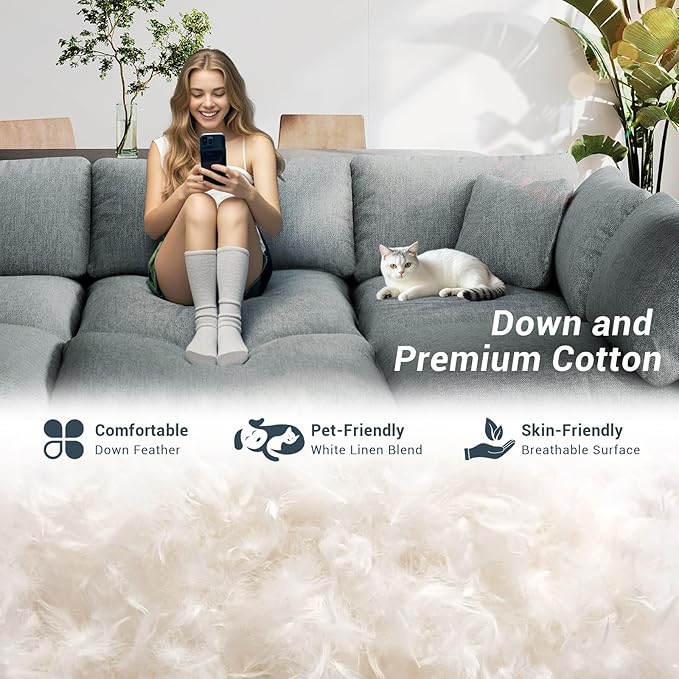 Modular Sectional Sofa Cloud Couch,Down Filled Comfy Cloud Modern Sofa,Light Blue Linen U Shape 6 Seater Oversized Couch Cushion Covers Removable for Living Room