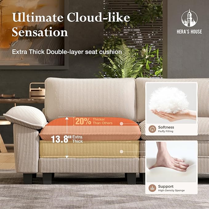 HERA'S HOUSE 124" Modular Sectional Sofa, Oversized Couches for Living Room, Comfy Cloud Couch 3-Seater Deep Seat Sofa with Throw Pillow, Corduroy Beige