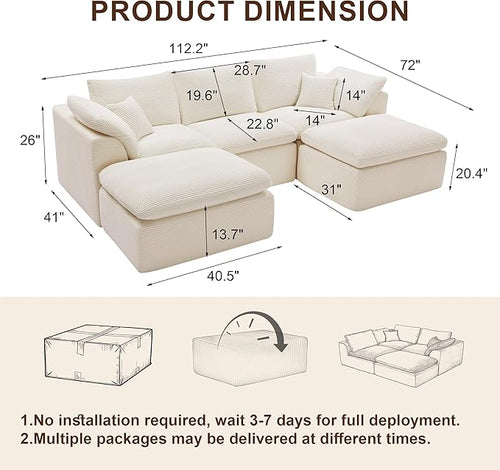 112" Cloud Sectional Couch, BonelessCouches for Living Room, U Shaped Couch with Convertible Ottoman, Modular Sectional Sofa with Deep Seat, Comfy Soft Cushions, No Assembly, Beige