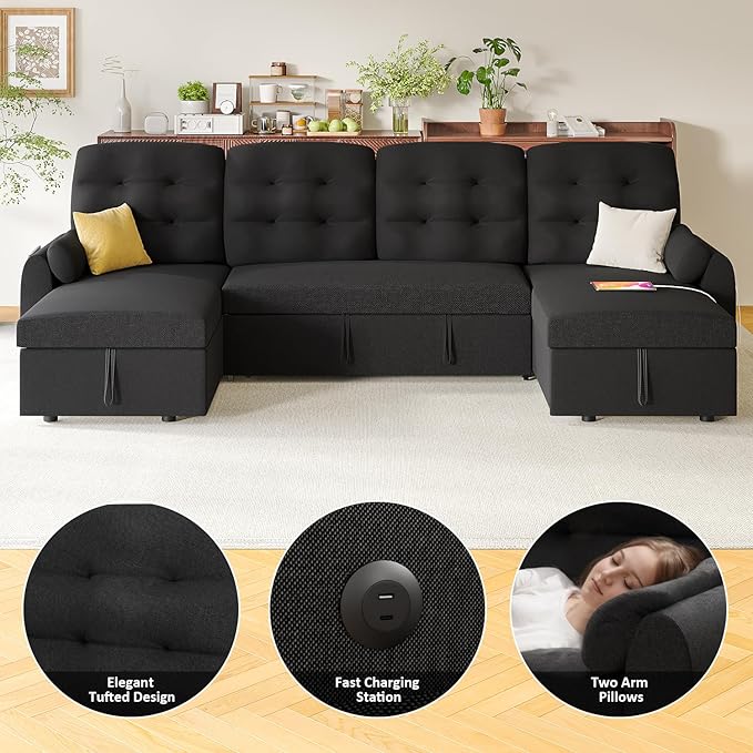 Ucloveria Sleeper Sofa Bed, 112" U Shaped Sectional Sofa Couches for Living Room, Pull Out Couch Bed with Dual Reversible Storage Chaise | Charging Station | Side Pockets | Removable Backrest