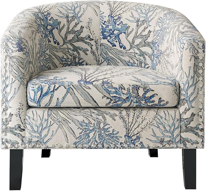 BELLEZE Accent Barrel Chair, Set of 2 Modern Faux Leather Tub Club Chair Upholstered Armchair with Gold Nail Head Trim and Black Legs for Living Room Bedroom Apartment Lounge - Blue Coral