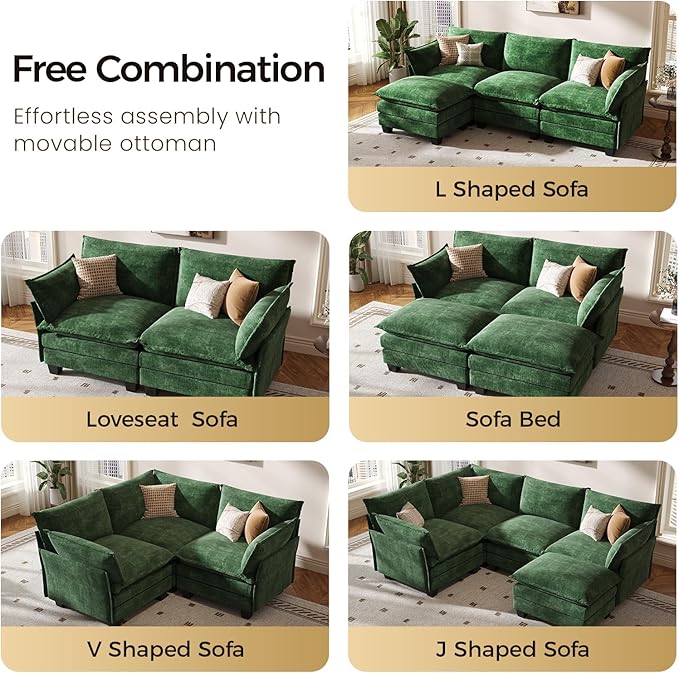 KKL Modular Sectional Sofa Bed, 4 Seater Convertible L-Shaped Sleeper Cloud Couch with Ottoman, Chenille Sectional Couches for Living Room, Apartment Green