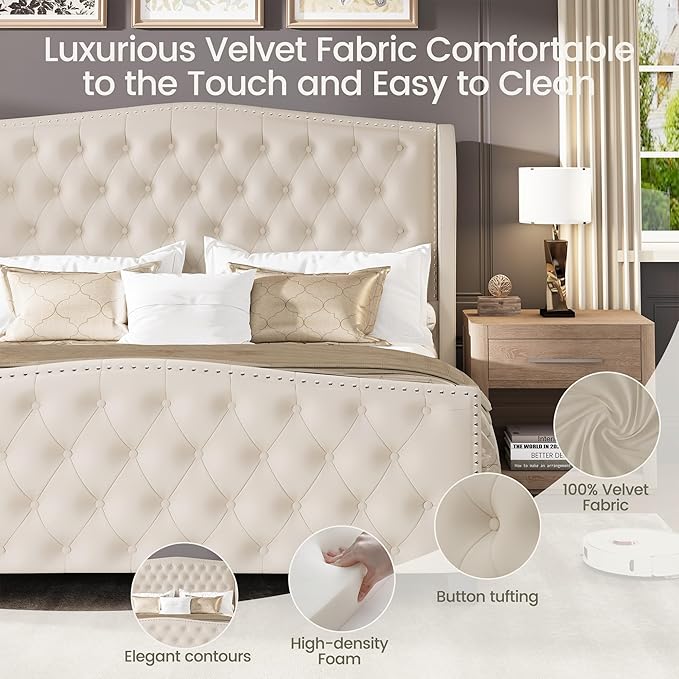LARMACE Queen Size Bed Frame Velvet Upholstered Platform Bed with Wingback Headboard & Footbaord, Deep Button Tufted Bed Frame with Wood Slats Support, No Box Spring Needed, Beige