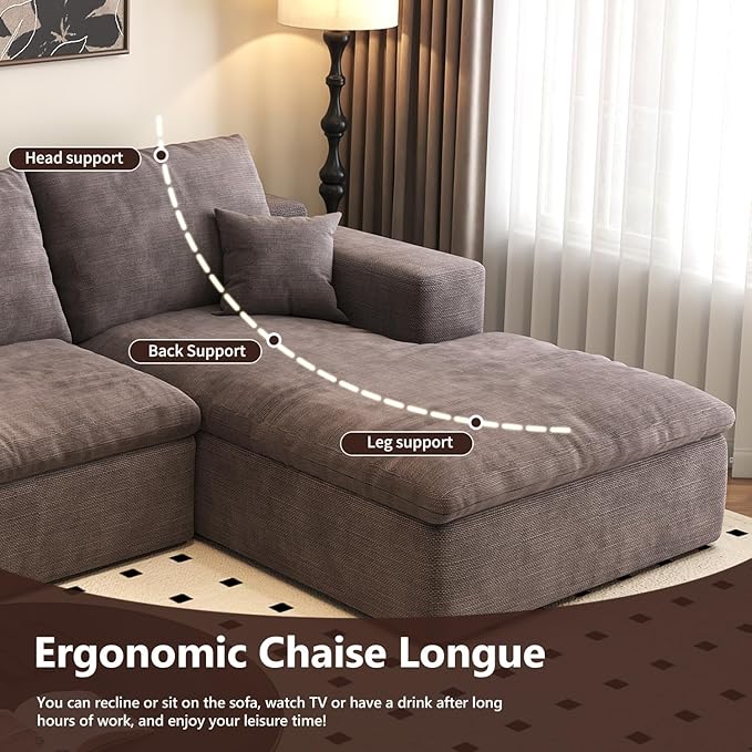 136.6'' U-Shaped Modern Modular Sectional Cloud Couch Whit Ottoman, 4-Seat Chenille Deep-Seat Sofa with Pillow for Living Room, Bedroom, Apartment, Camel