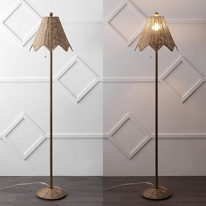 JONATHAN Y JYL5501A Tybee 60.5" Traditional Coastal Rattan Scalloped LED Floor Lamp Minimalist, Shabby Chic, Classic, Cottage, Bedroom, Living Room, Entryway, Office, Dining Room, Natural Brown
