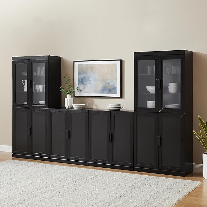 Crosley Furniture Essen 3-Piece Modern Glass Door Sideboard Buffet Cabinet and Kitchen Storage Pantry Set, Black