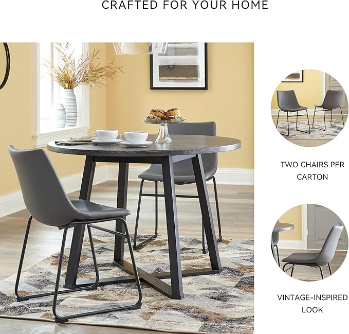 Signature Design by Ashley Centiar Casual Bucket Seat Dining Upholstered Side Chair with Black Metal Base, Set of 2, Faux Leather, 18.75" Seat Height, Gray