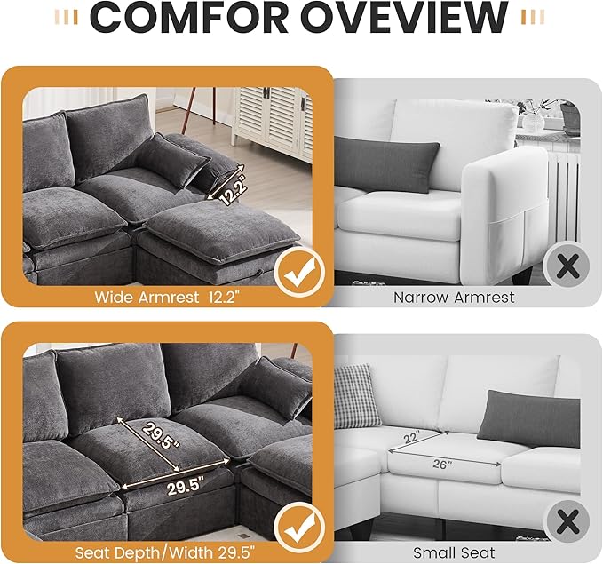 100" L Shaped Modular Sectional Sofa, Couch with Ottoman Storage, Chenille Cloud Couch with Plush Deep Seating for Living Room, Bedroom (Grey, 4 Seat)