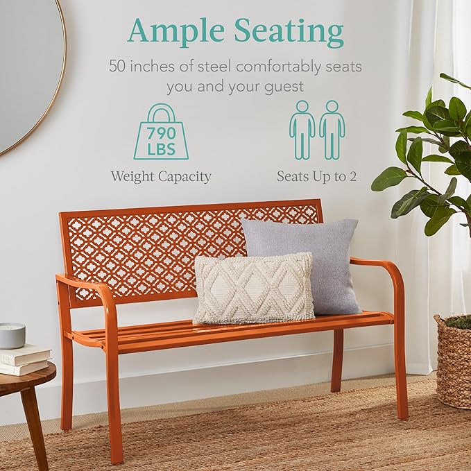 Best Choice Products Outdoor Bench 2-Person Metal Steel Benches Furniture for Garden, Patio, Porch, Entryway w/Geometric Backrest, 790lb Capacity - Carrot