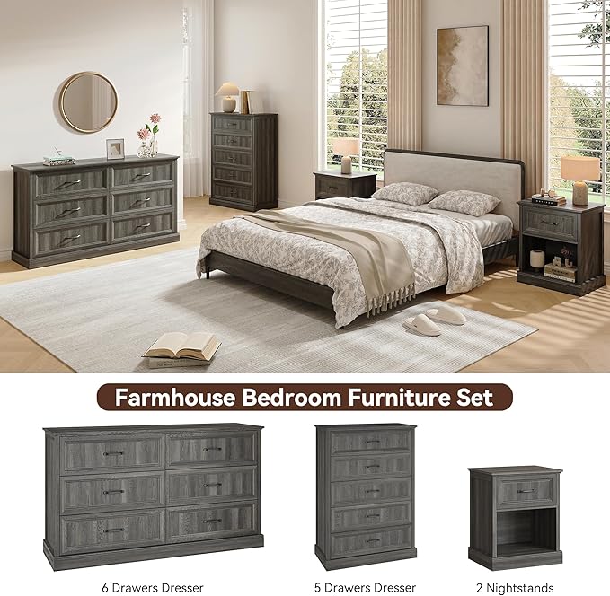 Farmhouse Dresser and Nightstand Sets, 4Pcs Bedroom Furniture Set, Nightstand Set of 2 & 55" Wide 6 Drawer and 44" Tall 5 Drawer Dresser with Large Drawers & Bar Handles, Grey