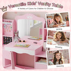 Kids Vanity, Girl Vanity Set with Storage Cabinet & Open Shelf, 2 In 1 Kids Vanity Table and Chair Set with Jewelry Storage, Princess Toddler Makeup Vanity with Mirror for Little Girls (Pink)