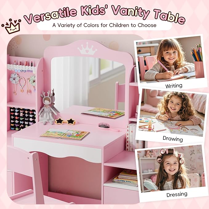 Kids Vanity, Girl Vanity Set with Storage Cabinet & Open Shelf, 2 In 1 Kids Vanity Table and Chair Set with Jewelry Storage, Princess Toddler Makeup Vanity with Mirror for Little Girls (Pink)