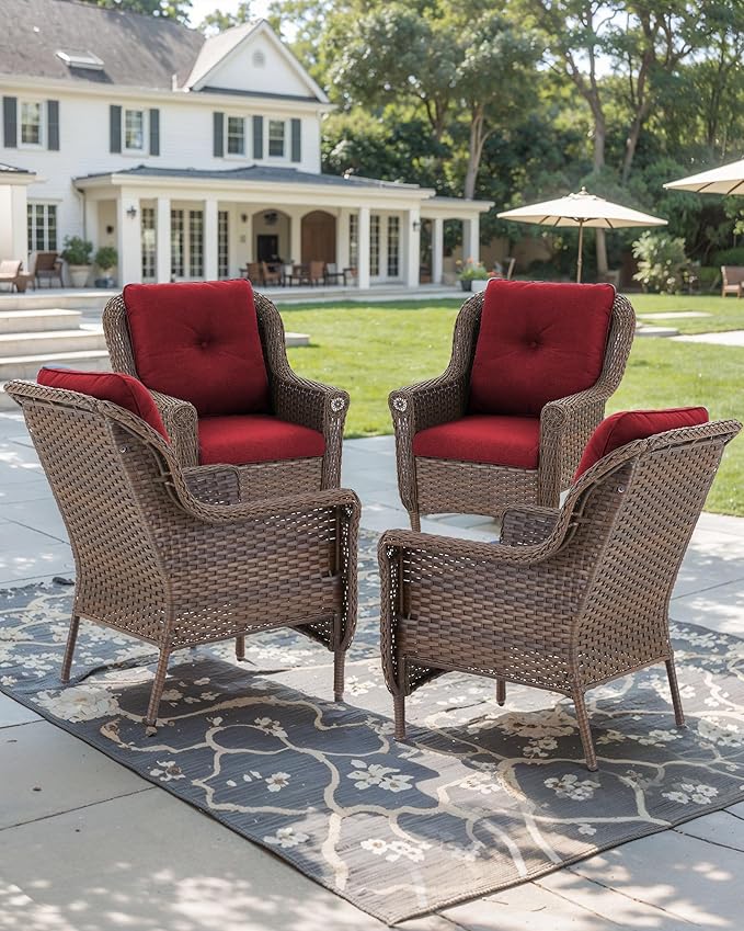 Patio Wicker Chairs Outdoor Furniture Chair - Set of 4 Outside All Weather Lawn Dining Brown Rattan Armchair with High Back&Deep Seating for Deck Porch Balcony Backyard Garden - Red