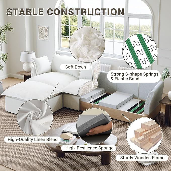 82” Modular Sectional Sofa, Comfy Down Fill Cloud Couch, Loveseat with Single Seater, Small Couch with Washable Cover, Sectional Couches for Living Room Small Apartments, Cream White