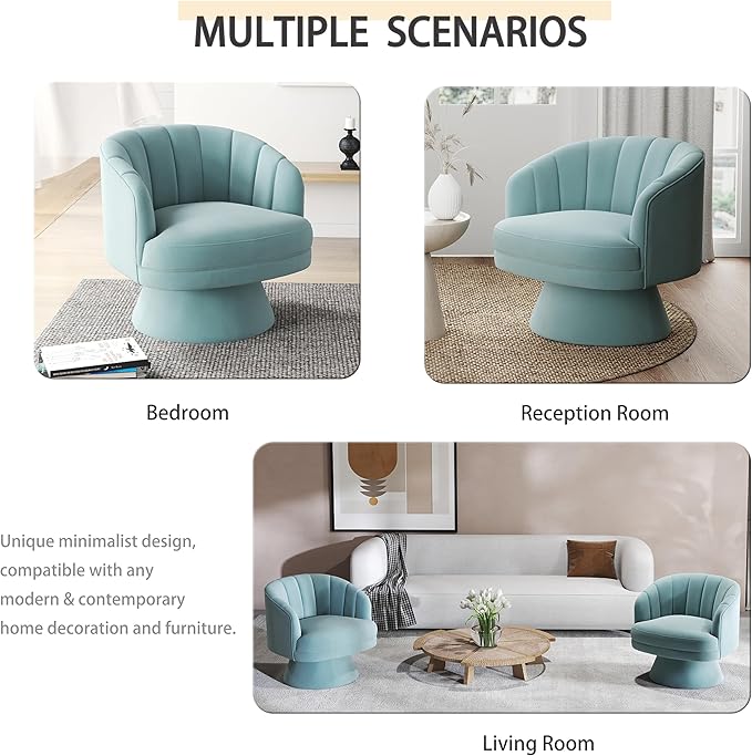 Swivel Accent Chair,Upholstered Velvet 360° Swivel Barrel Chair for Living Room Overstuffed Bouncle Reading Chair Round Armchair for Bedroom,Vanity,Office (Blue)