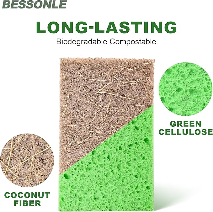 10 Pack Biodegradable Natural Sponges Kitchen - Compostable Cellulose and Coconut Walnut Scrubber Sponge - Eco Friendly Sponges for Dishes