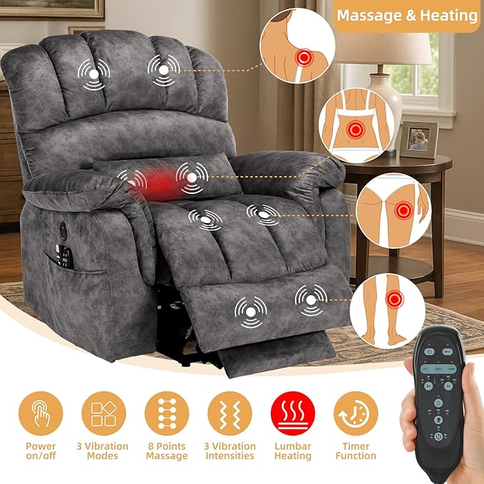 Tall Man Oversized Dual Motor Power Lift Recliner w/Heat Massage, Large Lay Flat Sleeper Electric Recliner with Extended Footrest for Elderly, Lumbar Pillow, USB & Type-C Ports, Plush-Gray