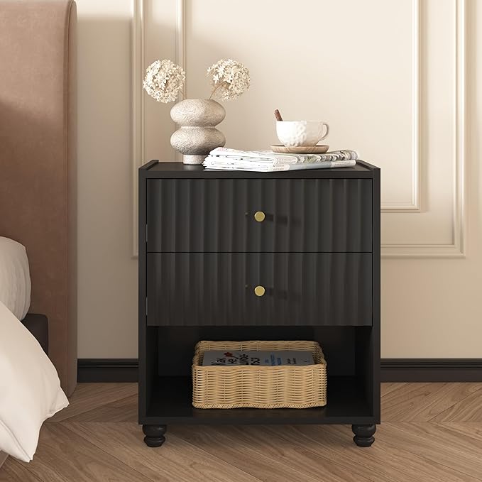 Modern Nightstand, Fluted End Table with 2 Drawers, Nightstand with Open Shelf for Bedroom (1, Black)