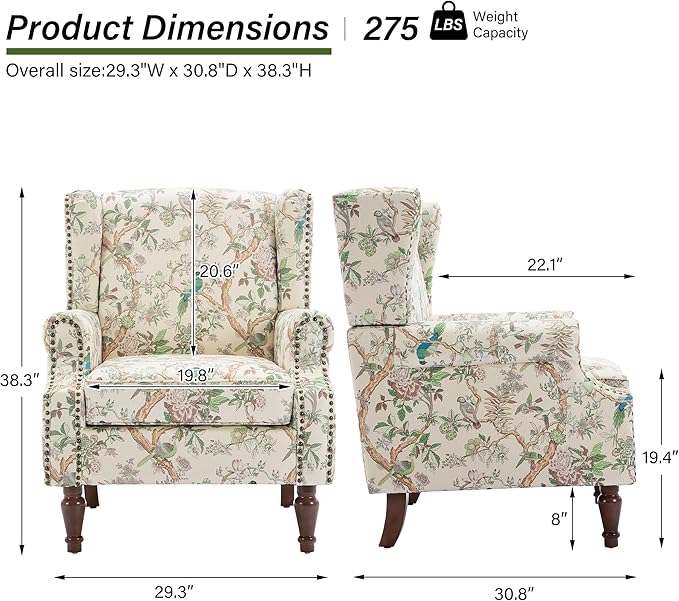 Accent Chair, Upholstered High Back Floral Armchair with Nailhead Trim & Wood Legs, Comfy Wingback Reading Single Sofa Chair for Small Spaces, Living Room, Bedroom (Bird Floral, Set of 2)
