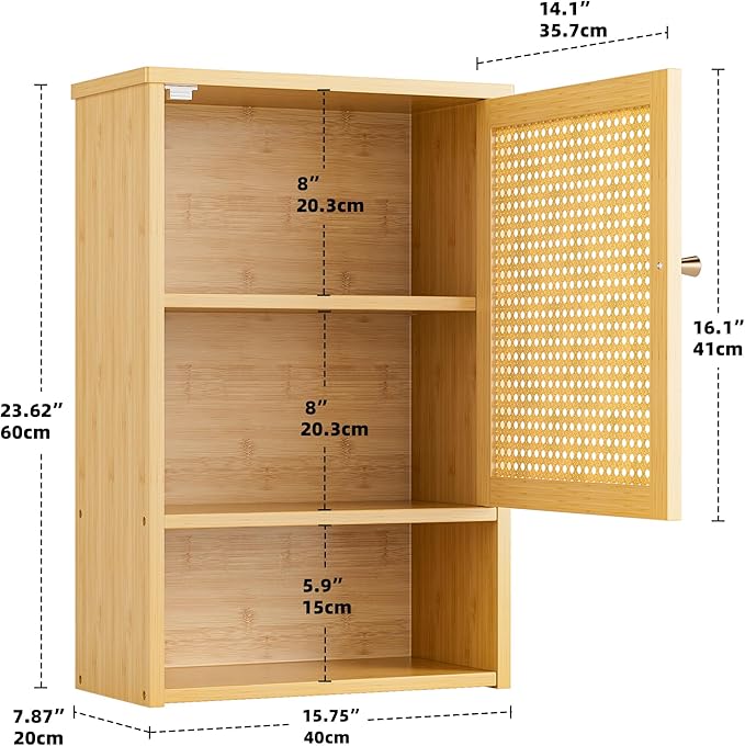Bathroom Wall Cabinet, Bamboo Over-The-Toilet Storage Organizer with Rattan Doors and Adjustable Shelf, Space Saver Medicine Cabinet for Laundry, Kitchen, Living Room (Natural)
