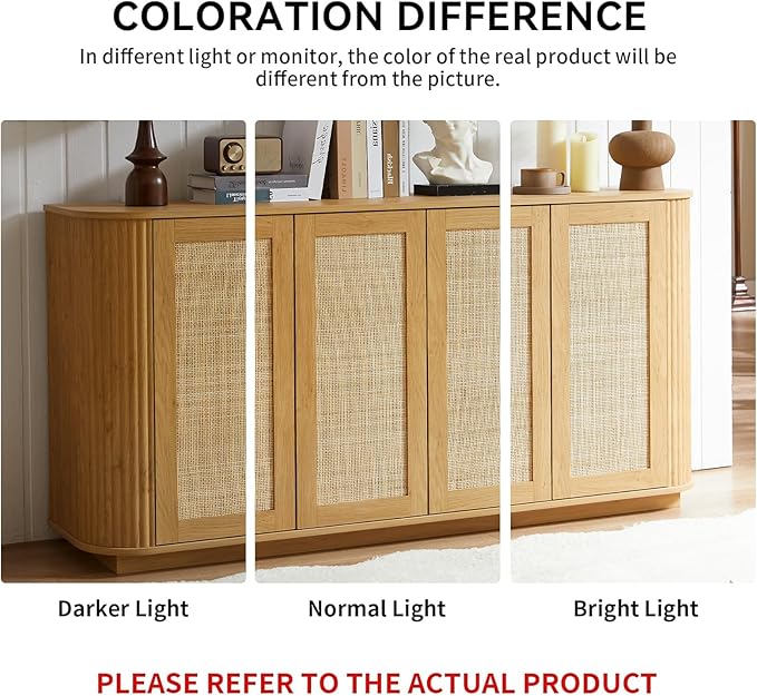 LKTART 64" Sideboard Buffet Cabinet with Storage, Wooden Fluted Storage Cabinet Sideboard with Adjustable Shelves Pressed Spring Rattan Doors for Kitchen Living Room (Natural)